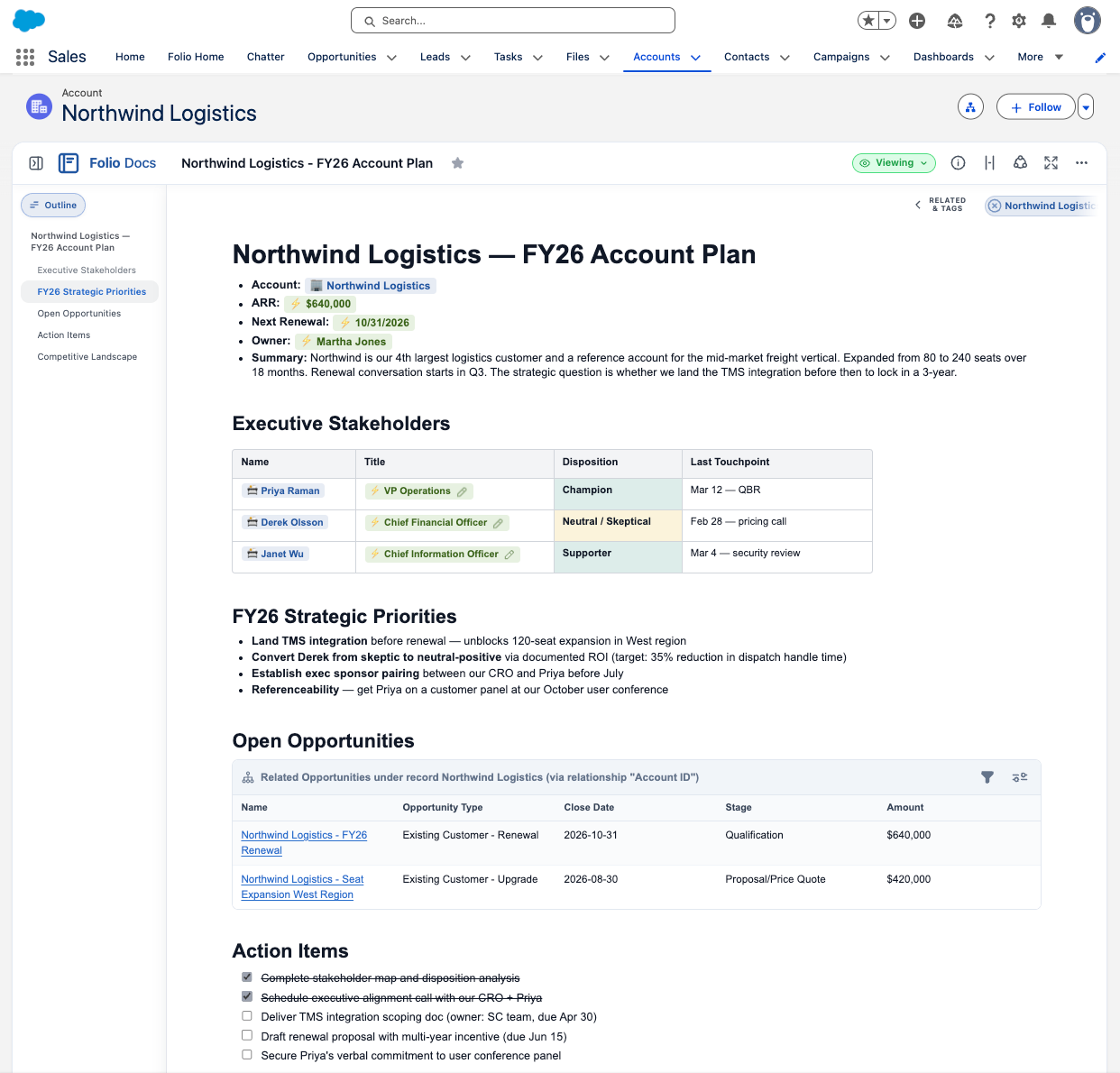 Folio FY26 account plan for Northwind Logistics inside Salesforce