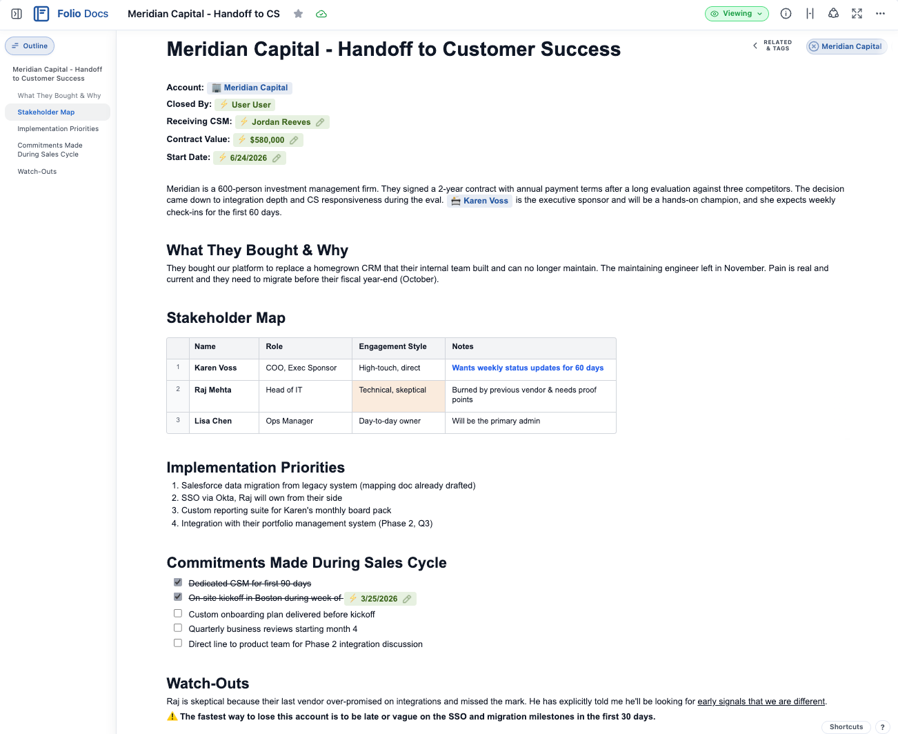 Folio handoff document from Sales to Customer Success