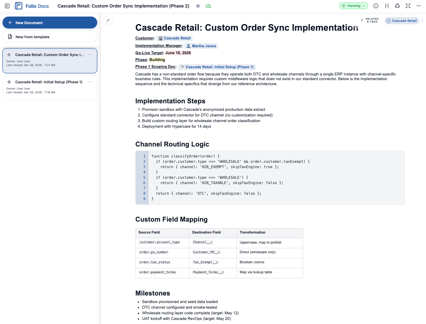 Folio implementation plan for Cascade Retail