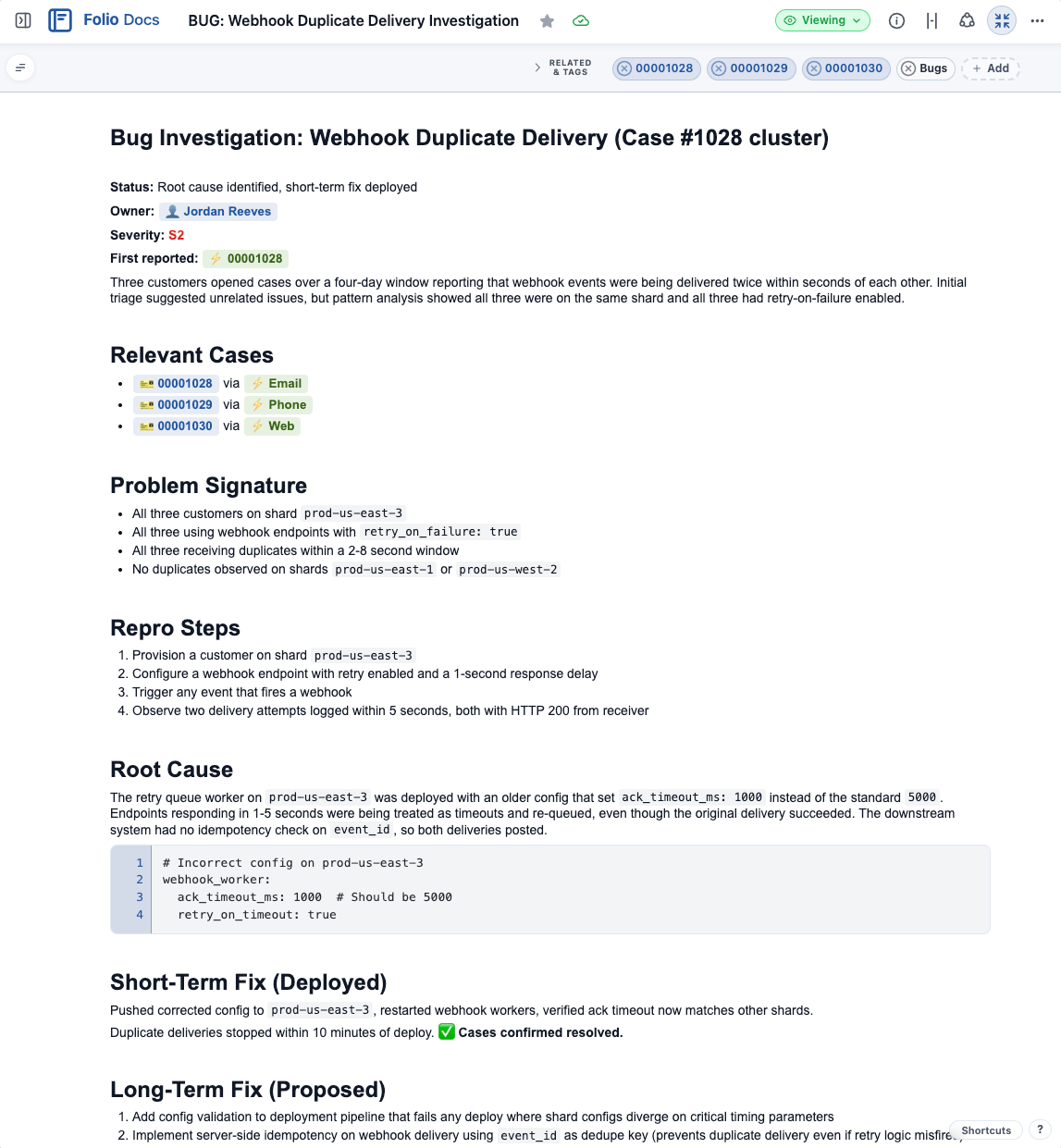 Folio support documentation for a case cluster investigation