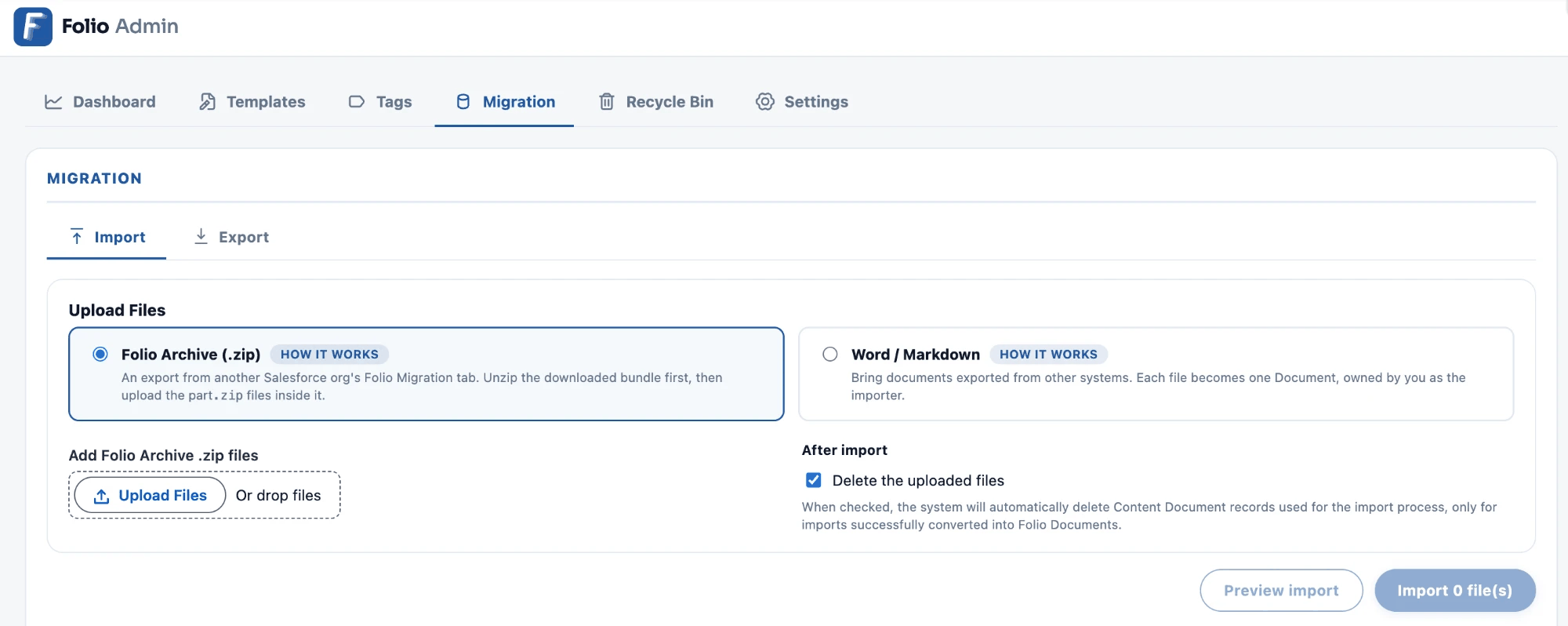 The Migration tab with its Import and Export sub-tabs, showing the Import view's Folio Archive and Word / Markdown source options above the upload area