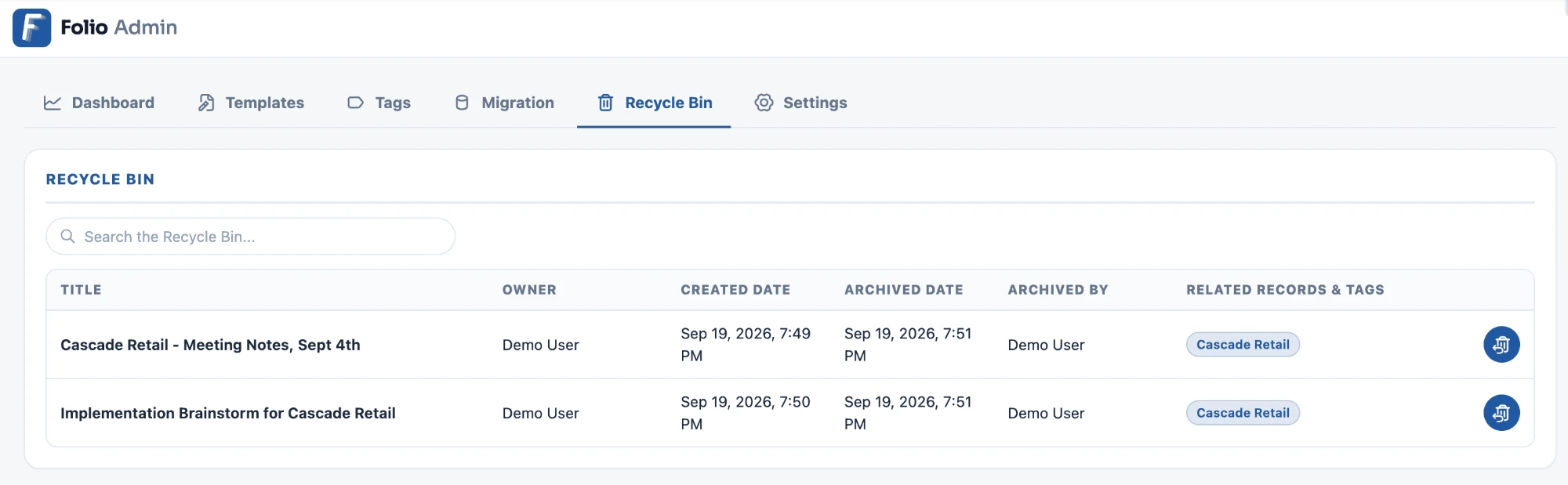 The Recycle Bin tab listing archived Documents by Title, Owner, Created Date, Archived Date, Archived By, and Related Records & Tags, with a search box above and a restore button on each row
