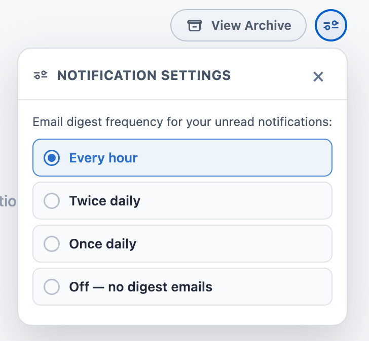 The Notification Settings popout on Folio Docs home, with the email digest frequency set to Every hour and the Twice daily, Once daily, and Off options below it