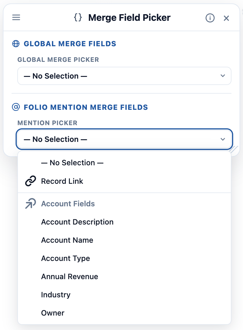 The Merge Field Picker with the Mention Picker dropdown open, listing Record Link above the Account Fields available from the Source Object