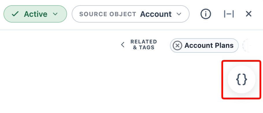 The floating braces icon that opens the Merge Field Picker, highlighted on the right side of the Template Builder below the Related & Tags drawer