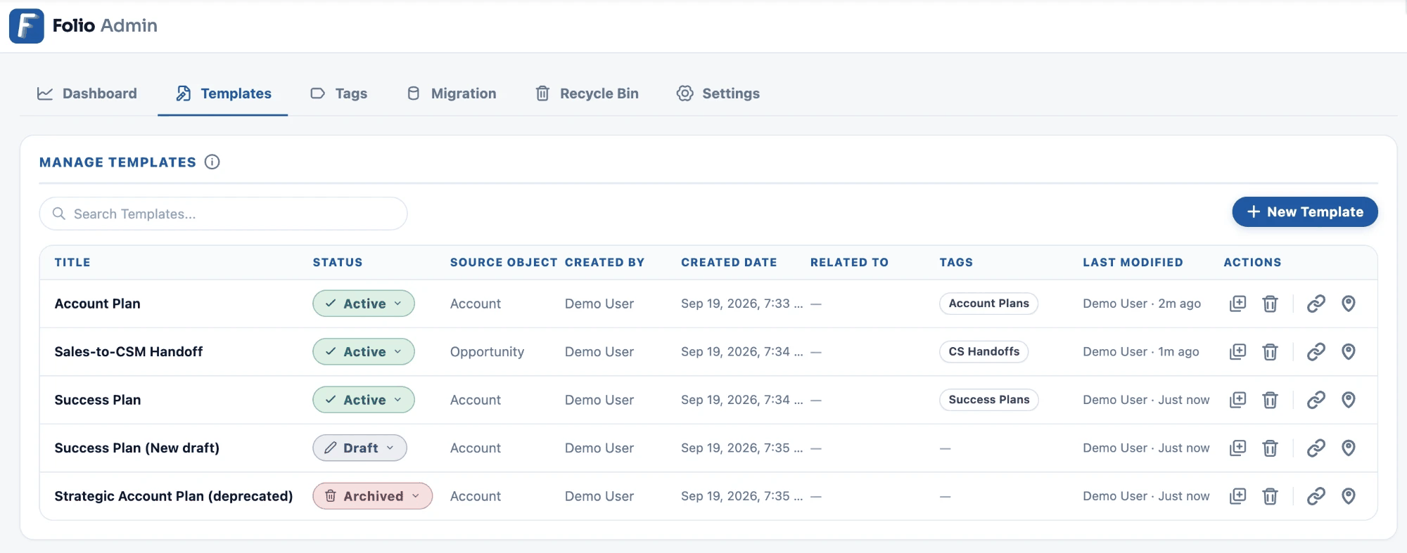 The Manage Templates list showing Active, Draft, and Archived Status values, the row utility buttons, and the New Template button, with the Archived Template sorted to the bottom