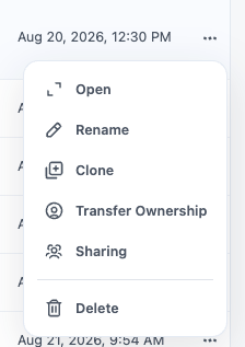The 3-dots row menu, listing Open, Rename, Clone, Transfer Ownership, Sharing, and Delete