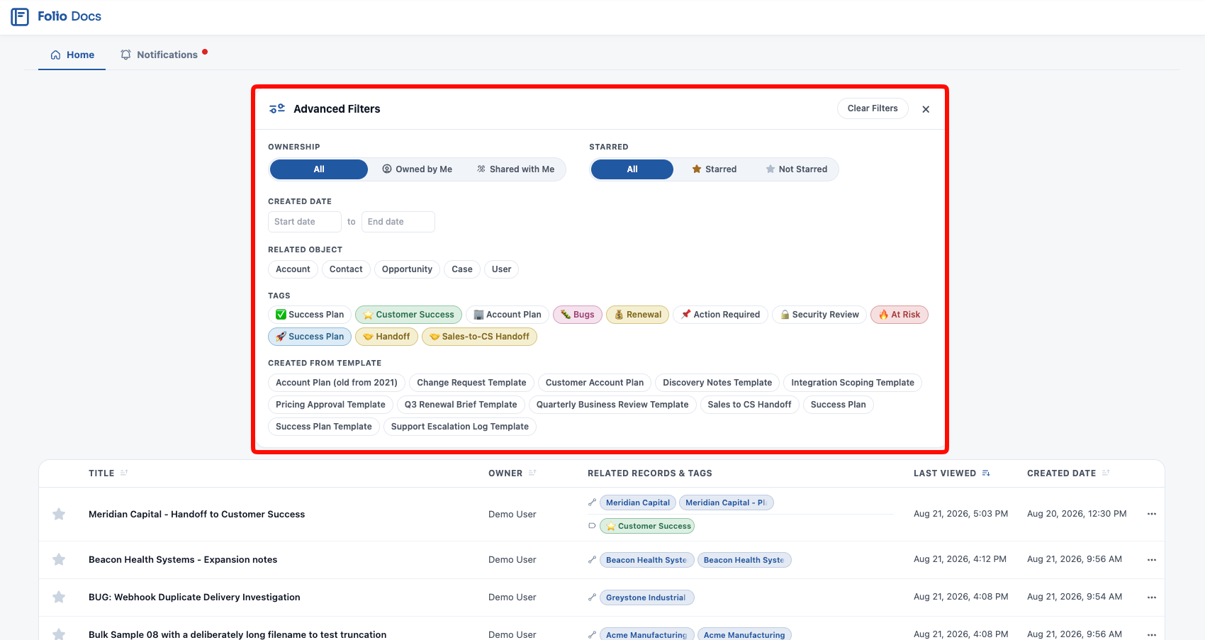 The Advanced Filters panel, with ownership, starred, created date, related object, Tags, and template filters