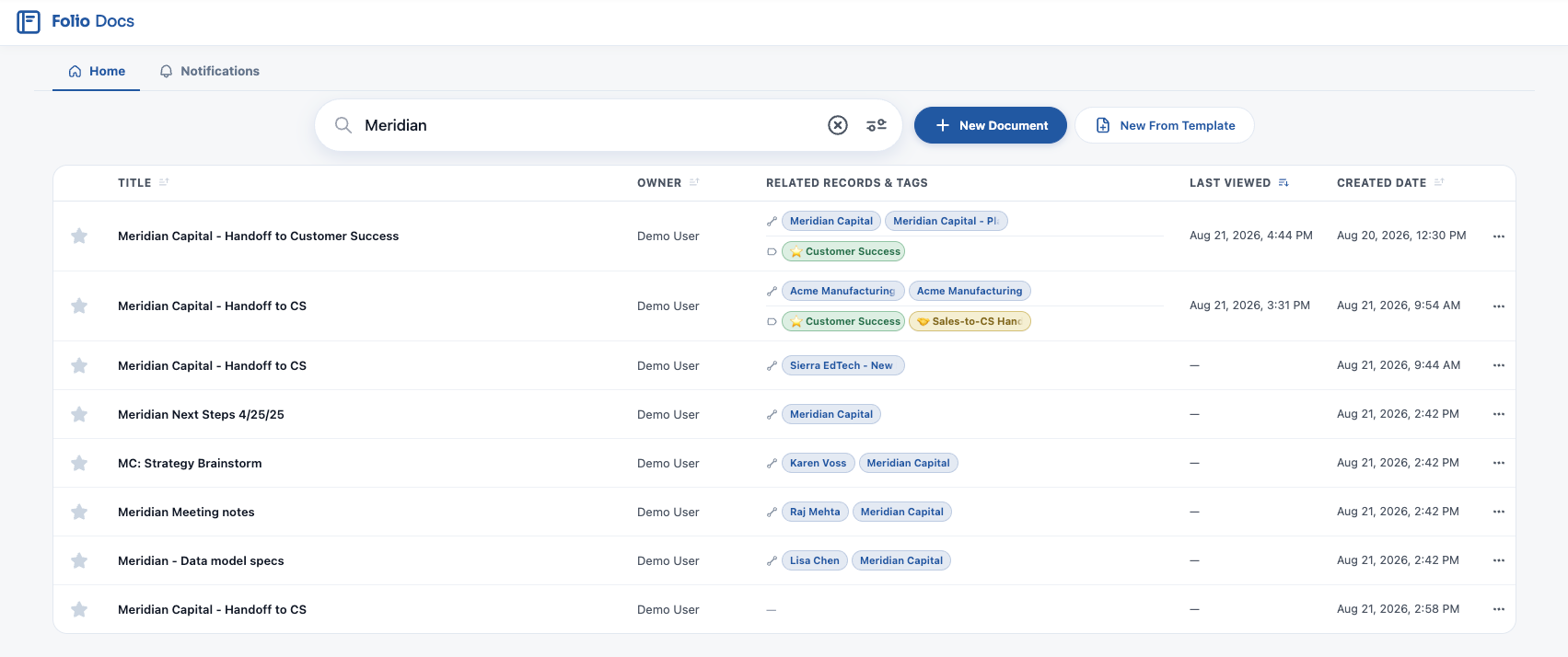 The Folio Docs home page filtered by a search term, with matching Documents listed alongside their related records and Tags