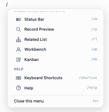 The / menu at the bottom, showing Salesforce Components and the Help section