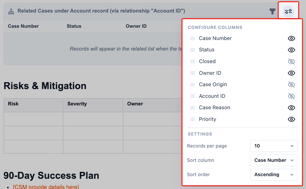 Related List node — Settings