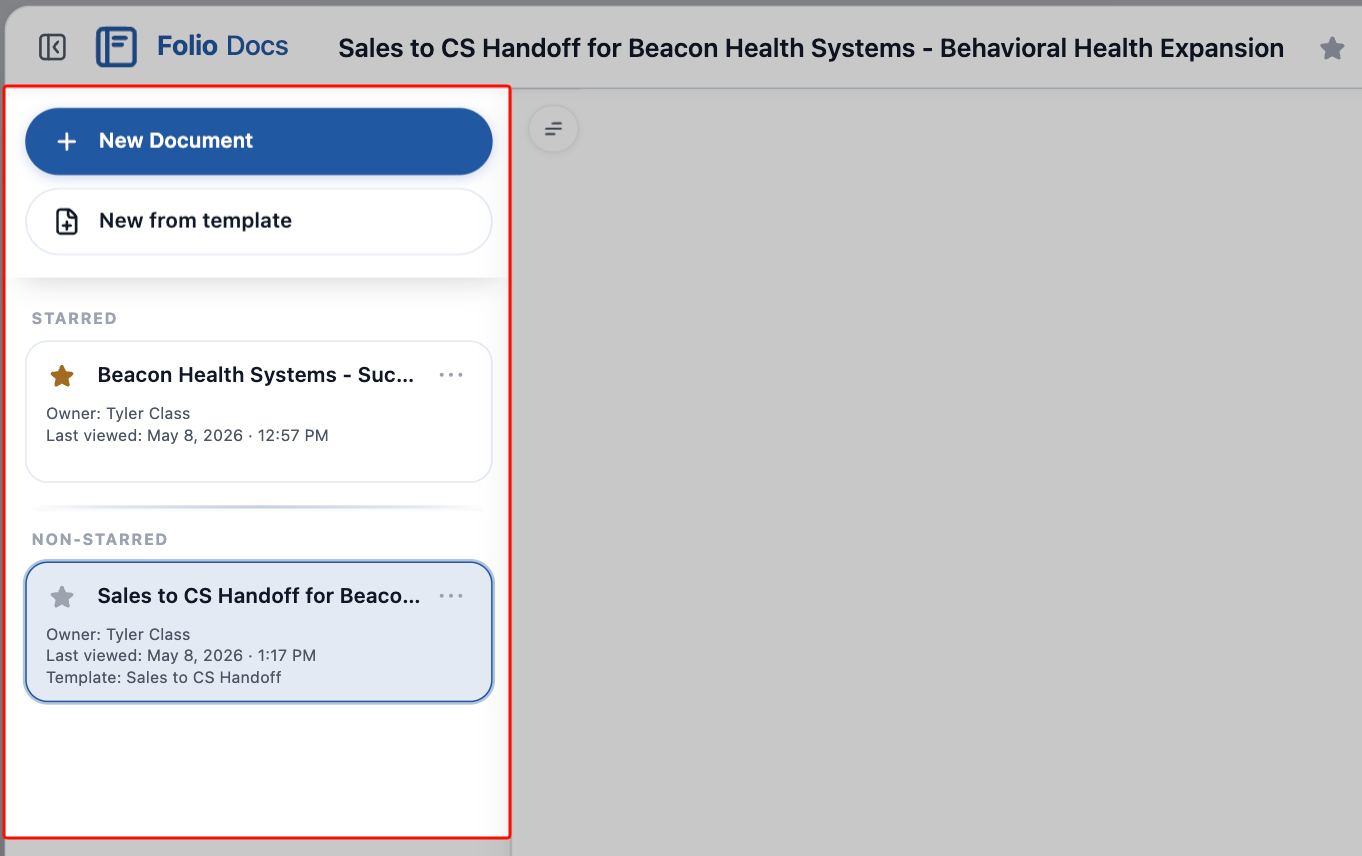 Left Sidebar — list of contextual Documents and create-new buttons