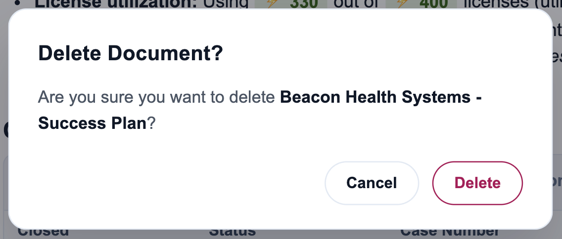 Delete confirmation popout warning before the Document is deleted