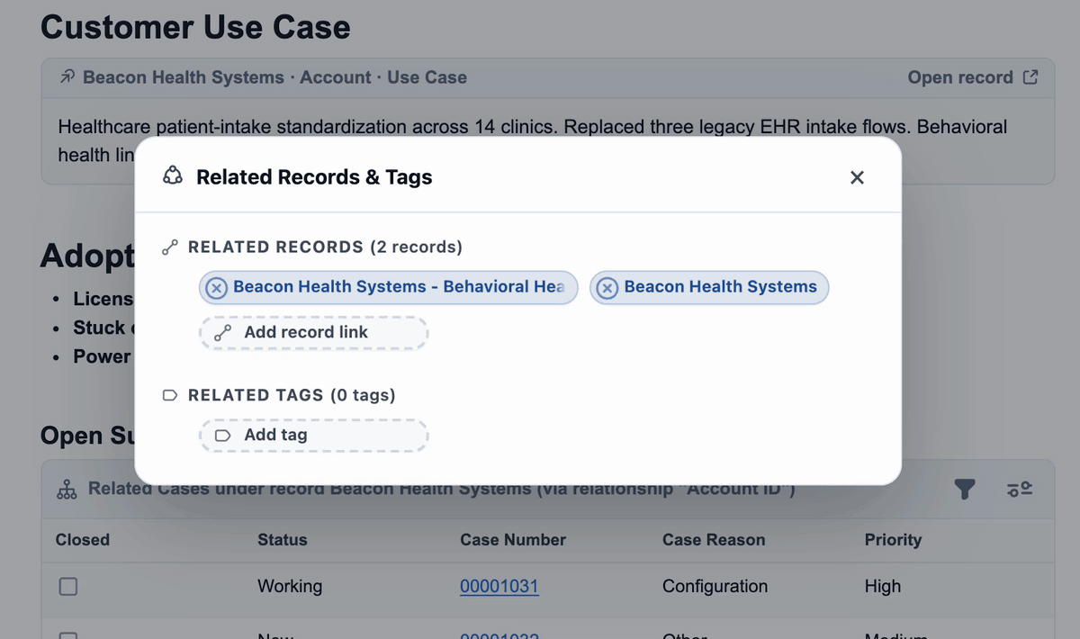 Related Records & Tags popout opening from the Utility Bar's linked-circles icon